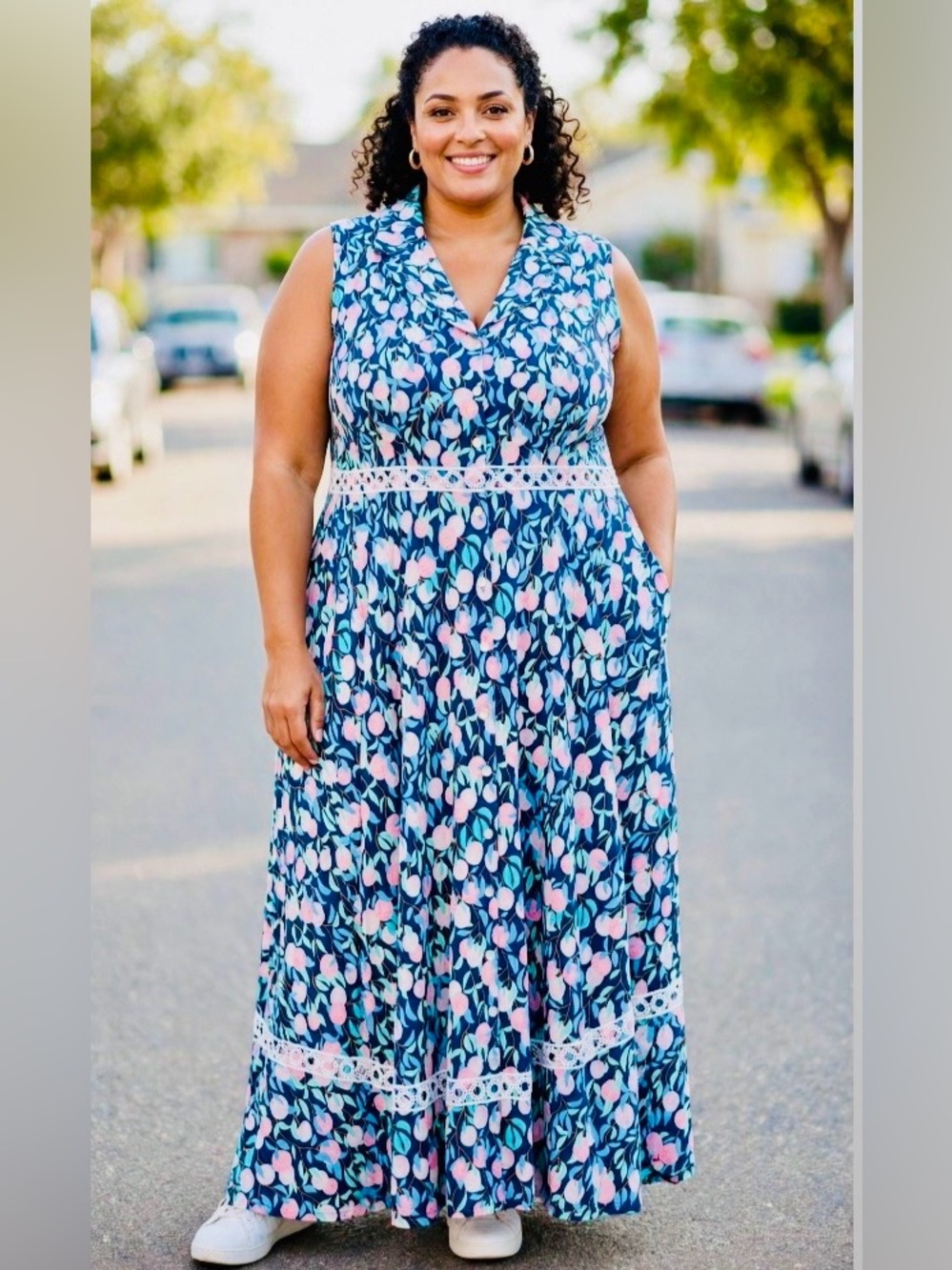 Cotton Floral shirtwaist, Retro Maxi Dress with Lace, 2X